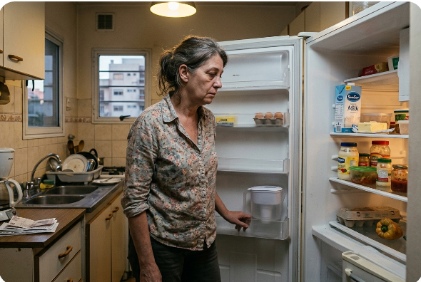 Mujer agotada abriendo la heladera vacía en casa después del trabajo, sin saber qué cocinar hoy